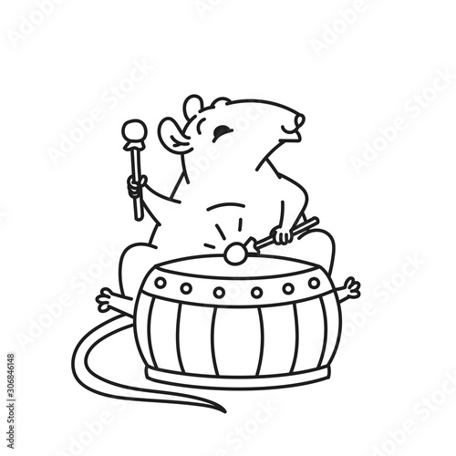 Rat Chinese new year symbols. Cute mouse play drum vector outline black white cartoon isolated illustration.