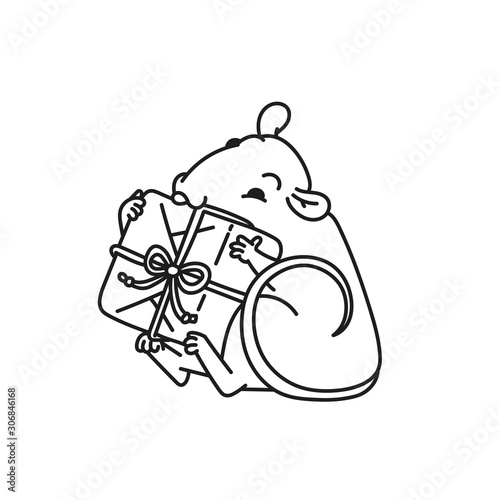 Rat cute mouse opens gift in holiday packaging. Chinese new year symbol vector outline black white cartoon isolated illustration.