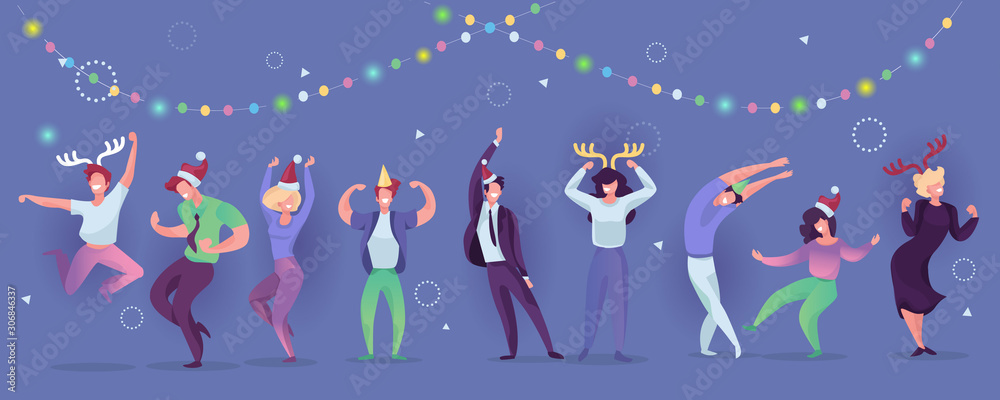 Happy business people at a Christmas and New Year's corporate party. Positive men and women with champagne dancing and having fun. Set of modern vector characters. - obrazy, fototapety, plakaty 
