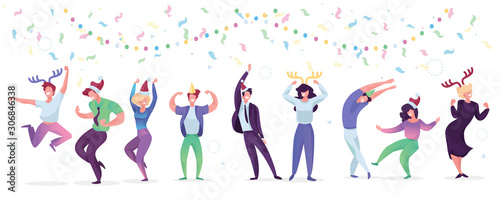 Happy business people at a Christmas and New Year's corporate party. Positive men and women with champagne dancing and having fun. Set of modern vector characters.