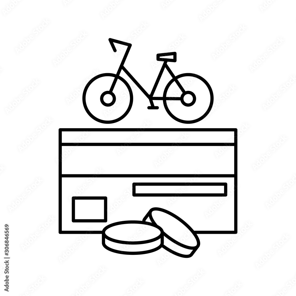 Money and bike. Card with a magnetic line and a chip with two coins. Rented or new purchased bicycle. Editable outline stroke linear icon. Thin vector black contour Money and bike. Card with a magnetic line and a chip with two coins. Rented or new purchased bicycle. Editable outline stroke linear icon. Thin vector black contour
