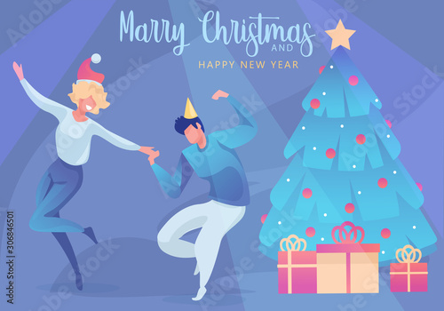 Happy people at a Christmas and New Year's party. Сouple dancing Positive men and women with champagne dancing and having fun. Set of modern vector characters. © Nataliya