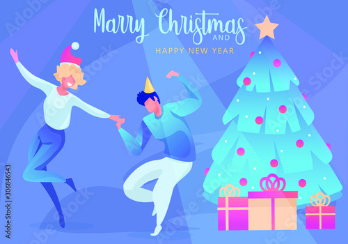 Happy people at a Christmas and New Year's party. Сouple dancing Positive men and women with champagne dancing and having fun. Set of modern vector characters.