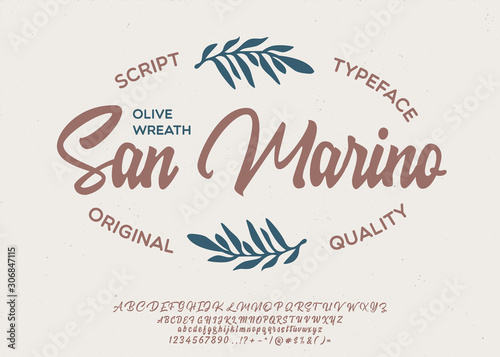 San Morino. ector vintage illustration with script typeface. Font for creating posters, stickers and prints on clothe.