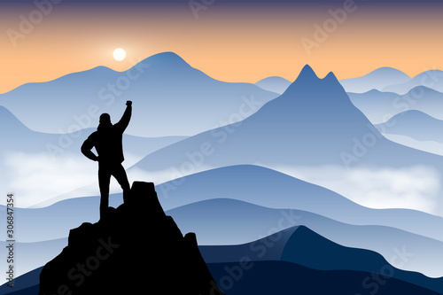 Hiker standing on a cliffs edge with raised hand and rejoices sunrise in a foggy mountain valley. Vector illustration.