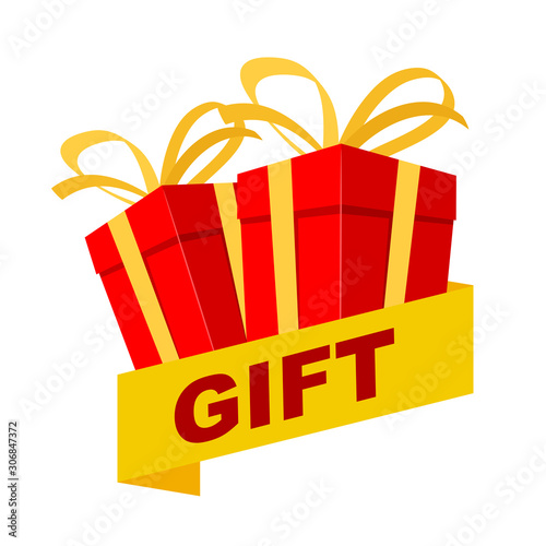 red gift box with gold bow and ribbon for design Christmas greeting card on white, stock vector illustration
