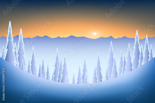 Majestic picture of carpathian winter valley covered with snow illuminated by the morning light. Beauty world, Happy New Year, Marry Christmas. Vector illustration, EPS 10