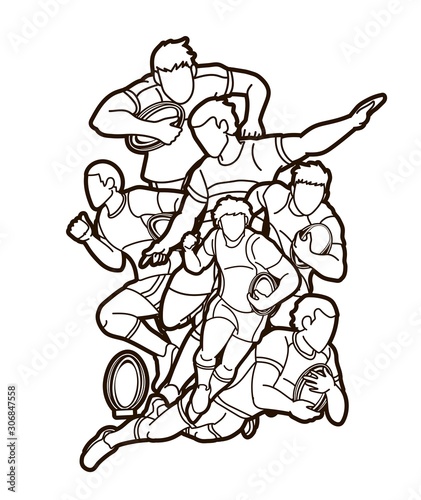Rugby players action cartoon sport graphic vector