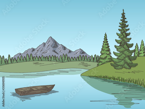 Mountain lake graphic color landscape sketch illustration vector