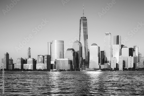 Black and white picture of New York City skyline at sunset, USA. © MaciejBledowski