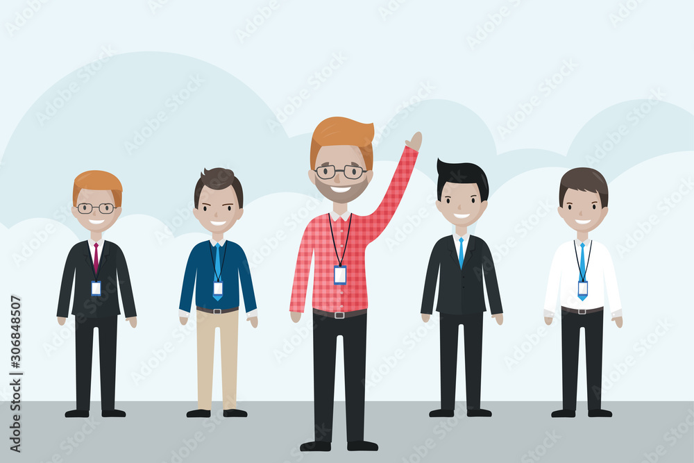Cartoon businessman standing in front of the group, raising his hand up