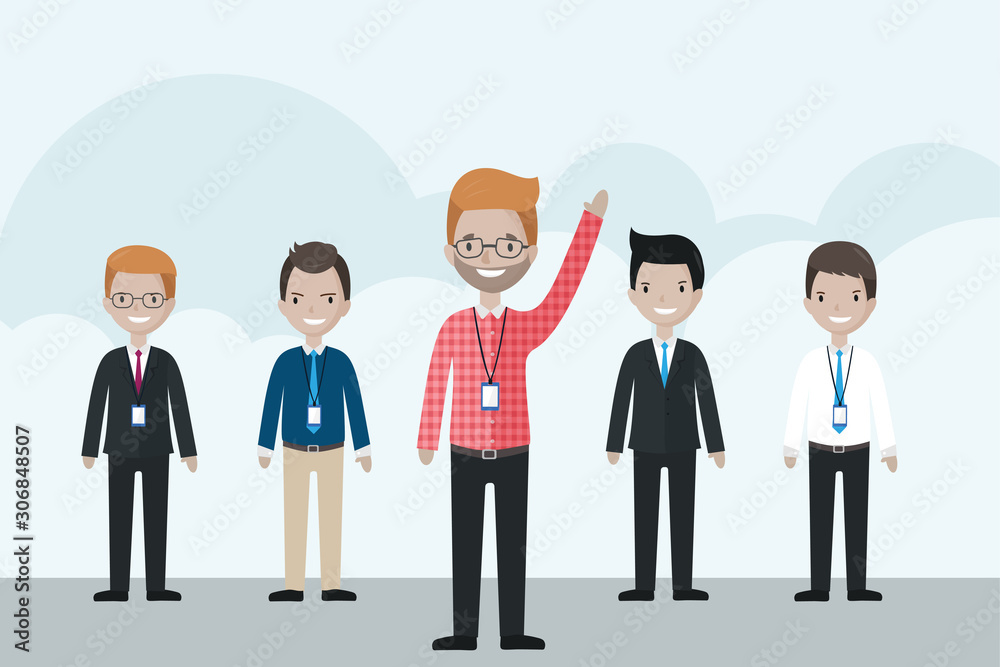 Cartoon businessman standing in front of the group, raising his hand up Cartoon businessman standing in front of the group, raising his hand up