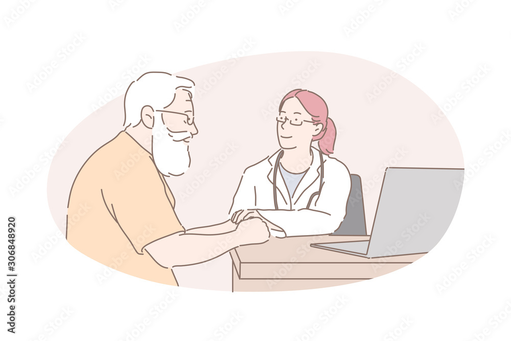 Healthcare industry, health examination, doctor advice concept. Old man receiving medical help, professional doctor consultation, friendly practitioner telling patient good news. Simple flat vector Healthcare industry, health examination, doctor advice concept. Old man receiving medical help, professional doctor consultation, friendly practitioner telling patient good news. Simple flat vector