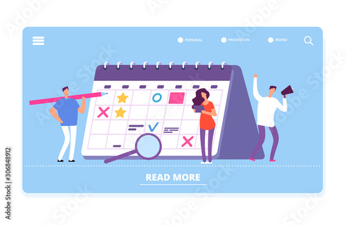 Time management landing page vector template. Schedule, planning illustration. Schedule management time, business project teamwork planner