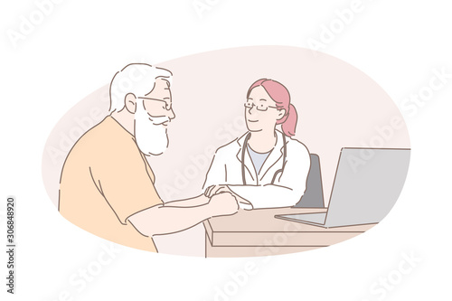 Healthcare industry, health examination, doctor advice concept. Old man receiving medical help, professional doctor consultation, friendly practitioner telling patient good news. Simple flat vector