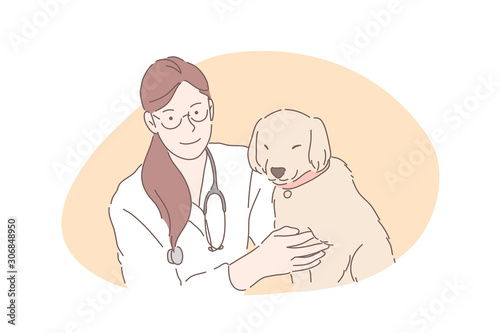 Veterinarian hospital, vet clinic, pets healthcare concept. Professional canine doctor with adorable little puppy, dogs medical treatment, domestic animals care. Simple flat vector