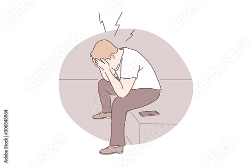 Panic attack, emotional stress, depression concept. Guy sitting and holding head, desperate person receiving bad news, mental health problem, young man suffering from headache. Simple flat vector