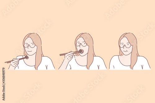 Traditional asian cuisine, seafood restaurant, japanese meal concept. Pretty girl eating sushi, lady enjoying oriental food, young woman holding chopsticks with delicious roll. Simple flat vector