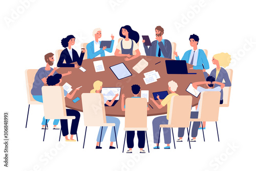Meeting at table. People discussing ideas and problems in office. Teamwork, brainstorming and business conference vector concept. Illustration office businessman and woman at table