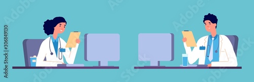 Doctors at work. Medical hospital staff people. Doctors in medic uniform vector illustration. Specialist woman and man work at computer
