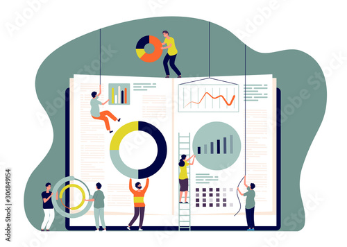 Collaboration concept. People insert charts into book, employees build business metrics. Cooperate and learn together vector image. Illustration business people teamwork, together work team