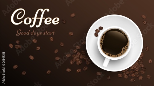 Coffee top view cup. Realistic cup and coffee beans banner template. Vector roasted beans background. Cup of caffeine espresso, coffee hot beverage illustration
