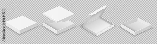 White boxes. Open packaging set. Vector realistic boxes with lids isolated on transparent background. Illustration box open, white package cardboard for pizza