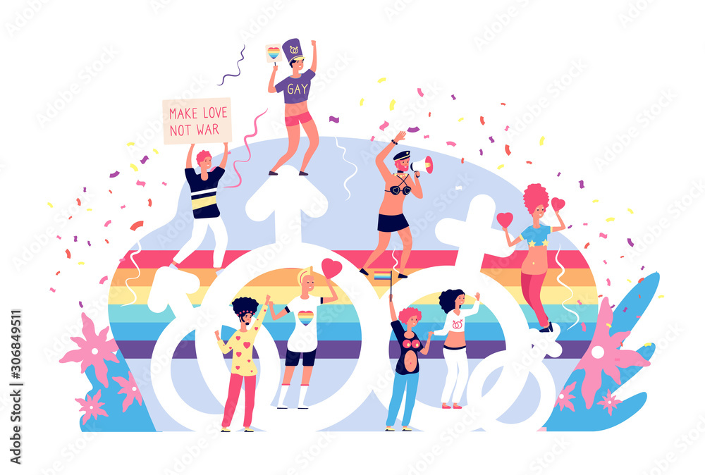 Love parade. Rainbow lgbtq pride activism and bisexual laws. Gay, lisbians and trans happy holiday event vector concept. Illustration parade gay and lesbian, freedom lgbt pride Love parade. Rainbow lgbtq pride activism and bisexual laws. Gay, lisbians and trans happy holiday event vector concept. Illustration parade gay and lesbian, freedom lgbt pride