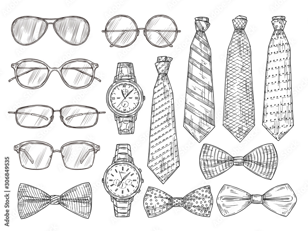 Sketched mens accessories. Glasses, watches and mens ties and bow tie.  Vintage engraving vector set. Illustration sketch man bow tie, collection  glasses Stock-Vektorgrafik | Adobe Stock
