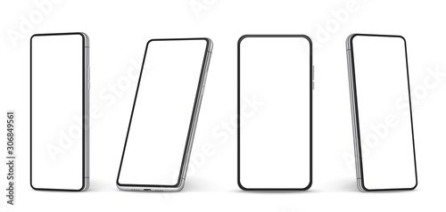 Realistic smartphone mockup. Cellphone with blank white screen, mobile phone in different angles of view Vector 3d isolated template. Illustration smartphone screen, phone blank