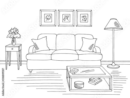 Living room graphic black white home interior sketch illustration vector