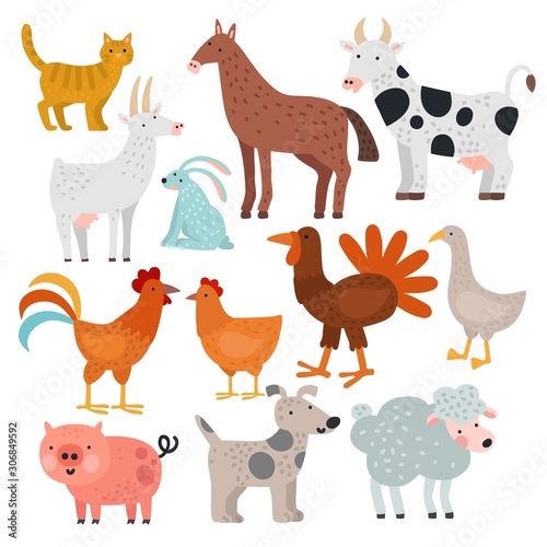 Fototapeta Naklejka Na Ścianę i Meble -  Farm animals. Cow, horse and rabbit, dog and turkey, sheep and pig, cock and chicken, goat and cat, goose vector cartoon isolated set. Illustration cow and pig, rabbit and goat, horse and turkey