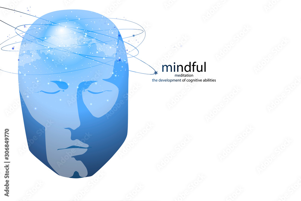 Obraz premium Face of man with mental activity brain and consciousness, with the cosmos as a brain.