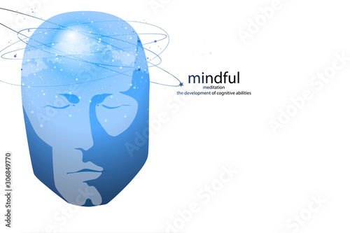 Face of man with mental activity brain and consciousness, with the cosmos as a brain.