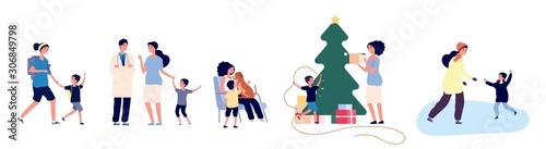 Single mom. Mother with son vector illustration. Family activity concept. Mom and kid skate, decorate the Christmas tree, walk. Mother parent single, boy and woman happy illustration
