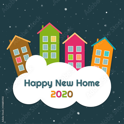 Happy New Home 2020 Abstract Card With Colorful Buildings, Cloud, Snowflakes