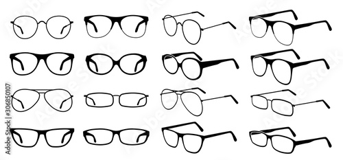 Glasses silhouette. Cool eyeglasses, fashion black eyewear. Stylish retro sunglasses. Glass medicine spectacles. Vector icons set. Illustration glass optical eyewear, vision silhouette accessory