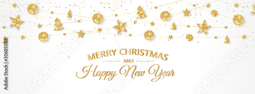Merry Christmas banner with gold decoration on white background
