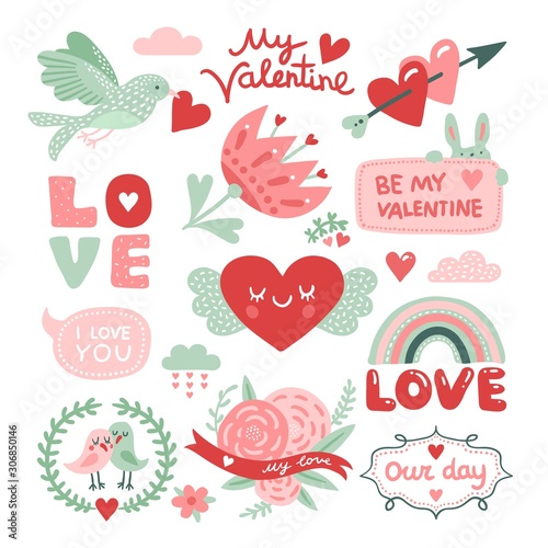 Valentines day scrapbook. Bird with red heart, flowers and love inscriptions, cute rabbit stickers. Vector decorative design elements. Love and heart, celebration romance day illustration