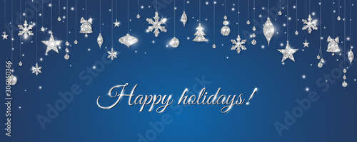 Merry Christmas banner with sparkling silver decoration on black background