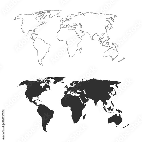 World map. Earth, monochrome black white map template for web site, app, inphographics. Globe similar worldmap flat silhouette, shape. Travel worldwide backdrop. Vector background isolated on white