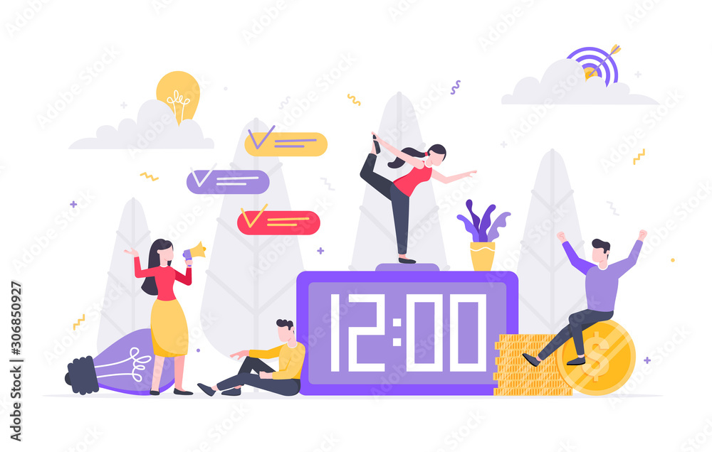 Tiny people characters working together with clock, character people and money symbol. Teamwork and time management concept flat style design vector illustration isolated white background. Tiny people characters working together with clock, character people and money symbol. Teamwork and time management concept flat style design vector illustration isolated white background.