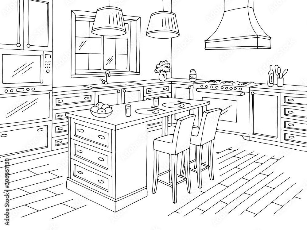 Fototapeta premium Kitchen room graphic black white home interior sketch illustration vector