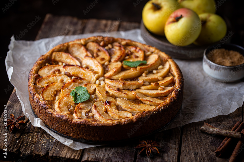 Homemade delicious fresh baked rustic apple pie on dark background Homemade delicious fresh baked rustic apple pie on dark background