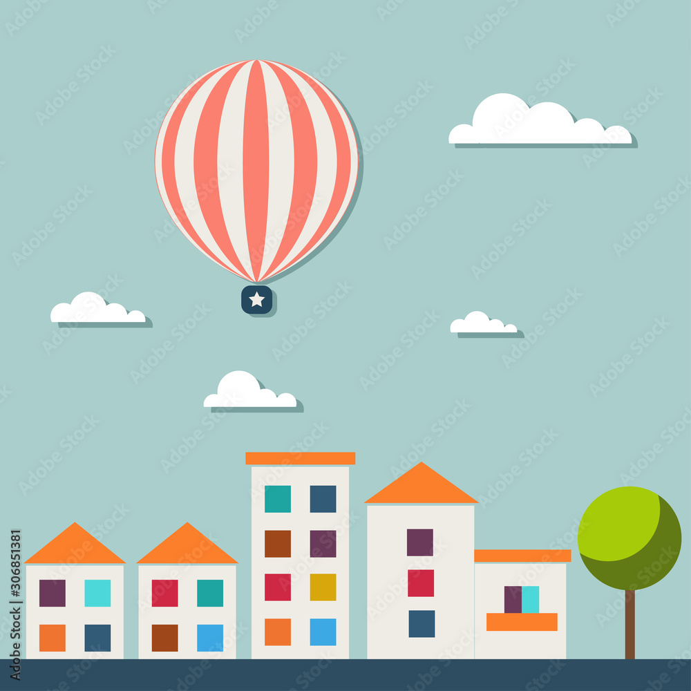 Real Estate Card With Colorful Houses, Clouds, Hot Air Balloon Real Estate Card With Colorful Houses, Clouds, Hot Air Balloon