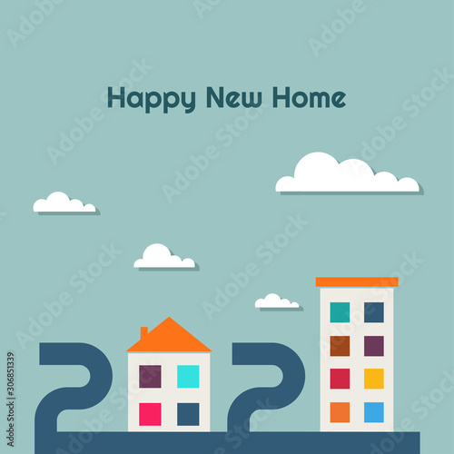 2020 Real Estate Market WIth Colorful Houses, Clouds