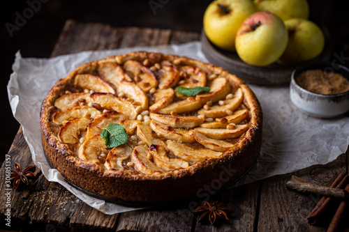 Homemade delicious fresh baked rustic apple pie on dark background