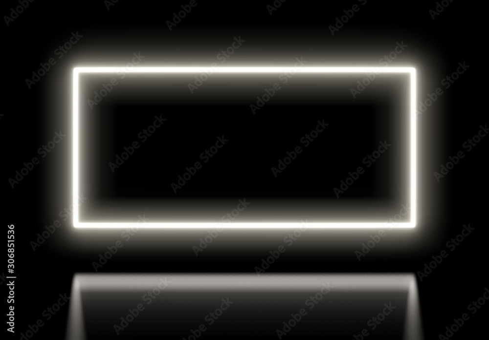 Neon white sign on a black background with a black mirror floor by