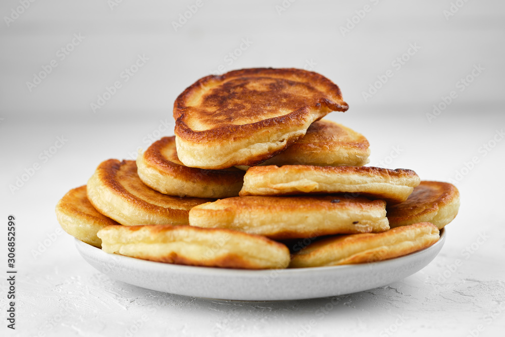 Delicious pancakes on white background closeup