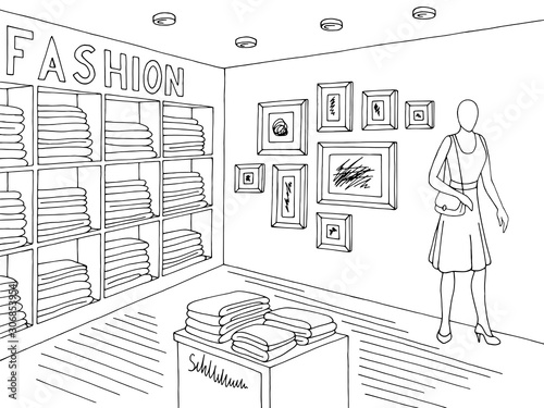 Shop store interior graphic black white sketch illustration vector